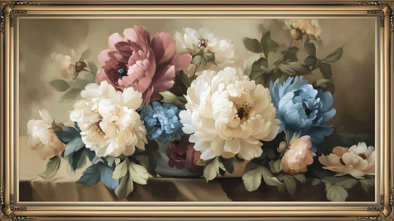 Vintage Peony Bouquet, Dusty Blue & Blush Pink | Ornate Gold Frame TV Art Screensaver (No Music)