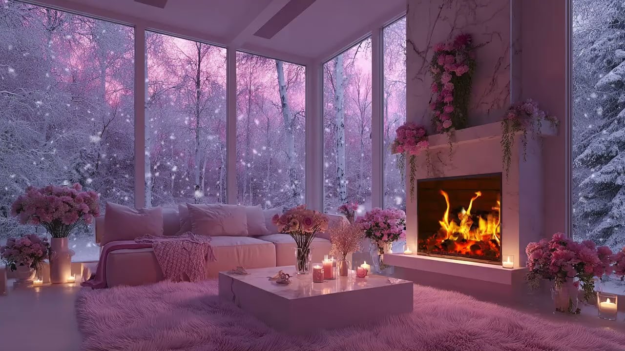 🔥🎼 Quiet Cozy Piano Lounge | Snow Outside & Fireplace Crackle | Study Focus Relax