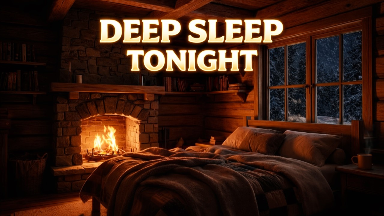 Peaceful Cozy Snow Cabin Ambience ❄️ Soft Piano, Falling Snow & Fireplace Sounds for Deep Sleep