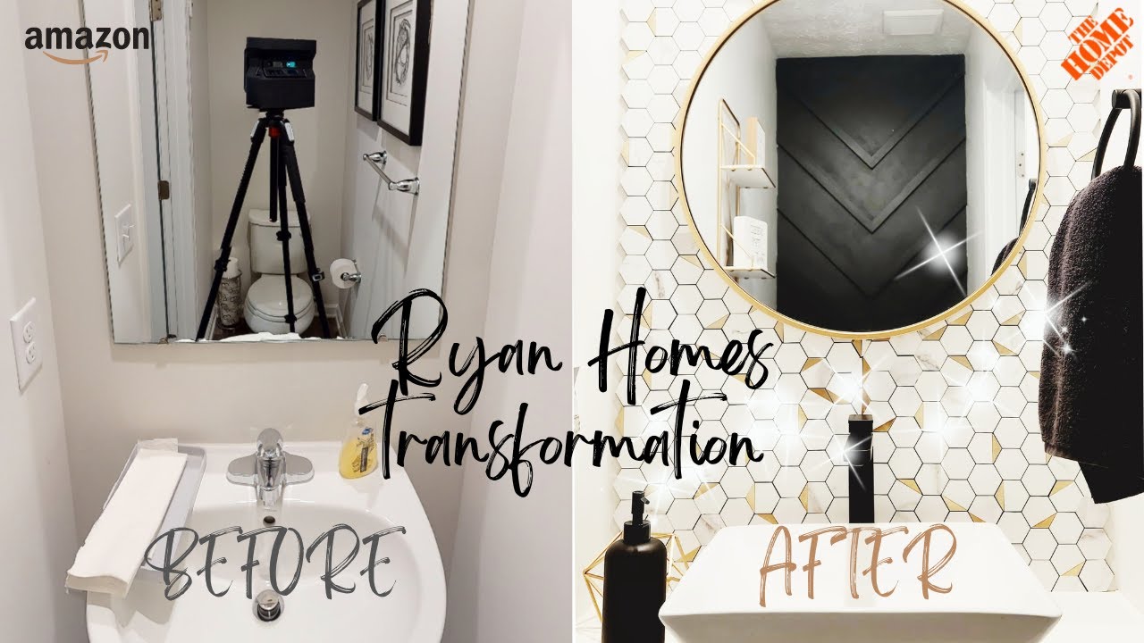 TINY BATHROOM MAKEOVER! Ryan Home Powder Room Transformation 🖤! Home Depot, Hobby Lobby & Amazon