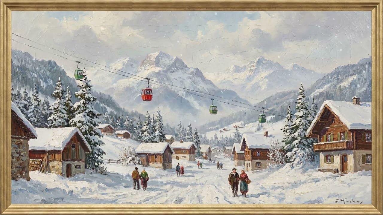 Animated Christmas Ski Village | Framed Art TV Wallpaper 4K | Oil Painting | 2 Hours | No Music