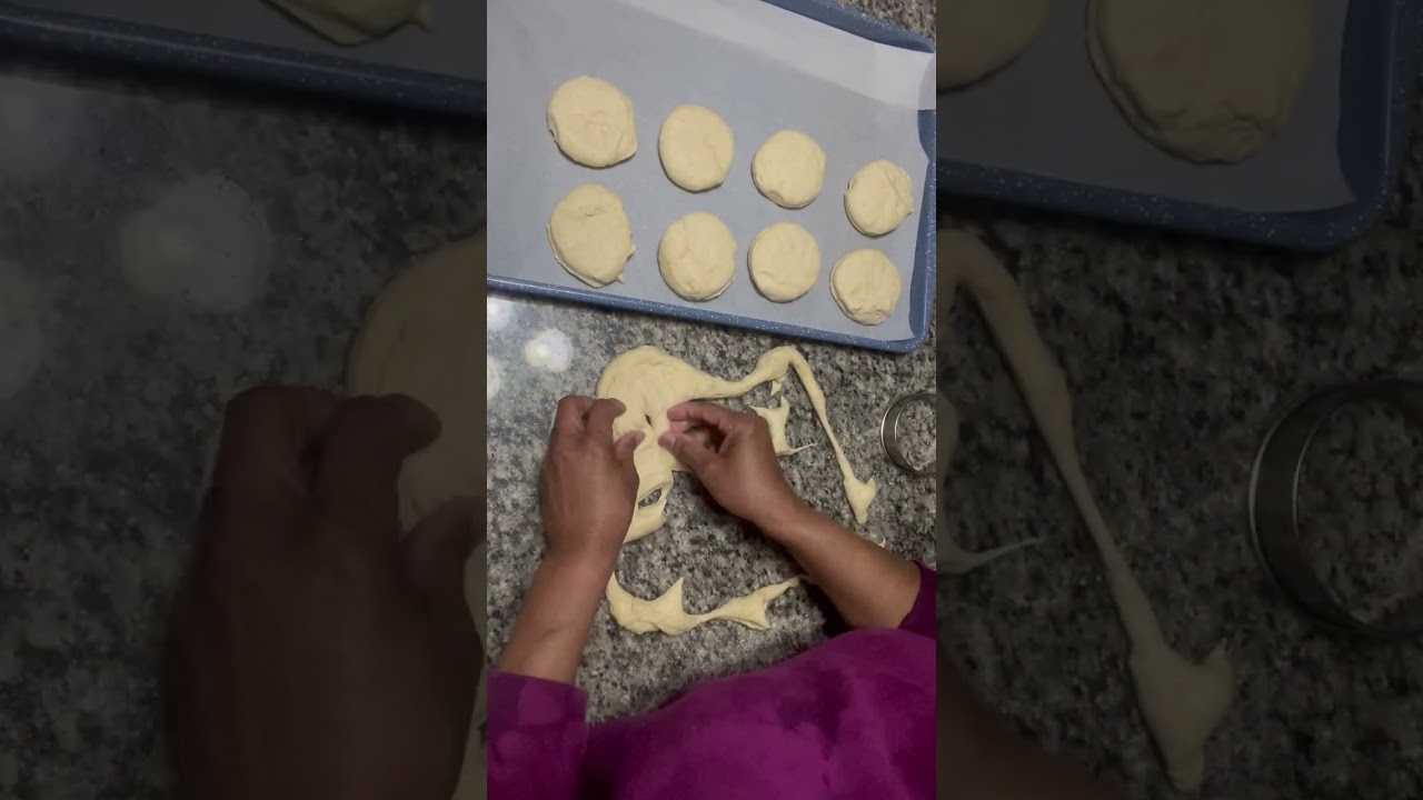 Sourdough English muffins- cutting them into English muffin shapes.