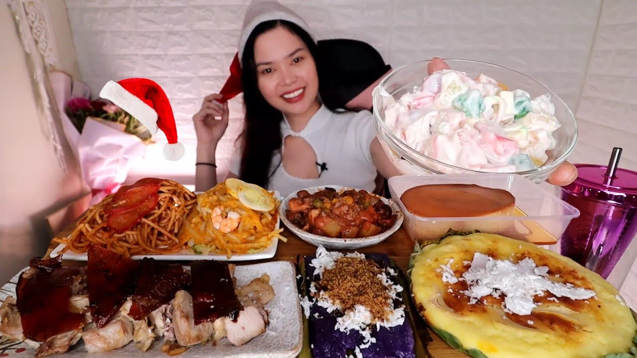 FILIPINO CHRISTMAS FOOD MUKBANG | lechon baboy , bibingka , leche flan , spaghetti etc.