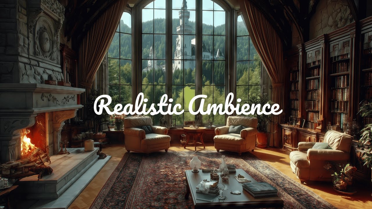Sunny Castle Library Ambience | Cozy Fireplace Sounds for Reading, Study & Calm Focus