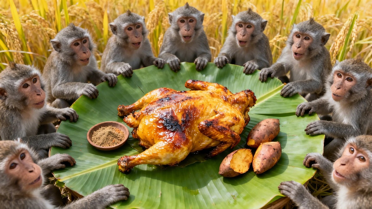 Real Monkeys Cook Whole Roasted Chicken Like Humans in Indian Village Rice Fields 🐵🍗