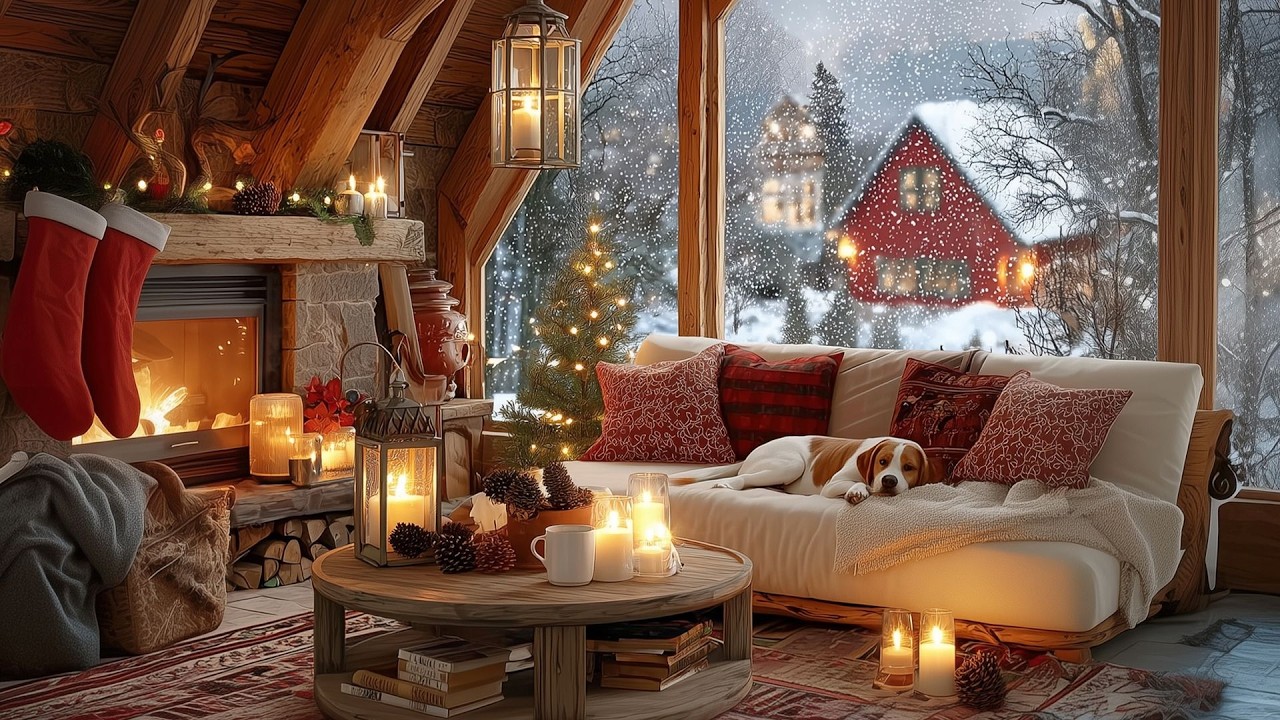 Cozy Winter Living Room | Fireplace, Falling Snow & Beautiful Relaxing Instrumental Music