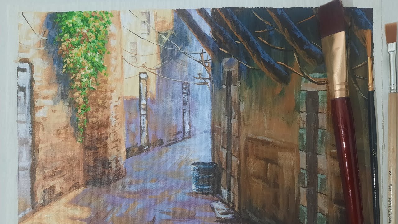 old Damascus painting، acrylic colors,  تعلم كيفية رسم حارة دمشقية قديمة خطوةبخطوة/بيوت تراثية قديمة