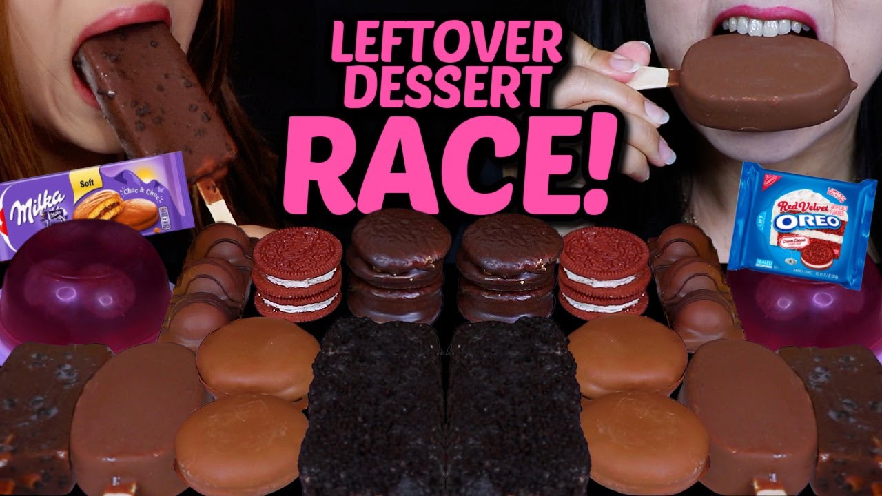 ASMR LEFTOVER DESSERT RACE! MILKA CHOCO CAKE, RED VELVET OREO, COOKIES & CREAM, FERRERO, CHOCO PIE