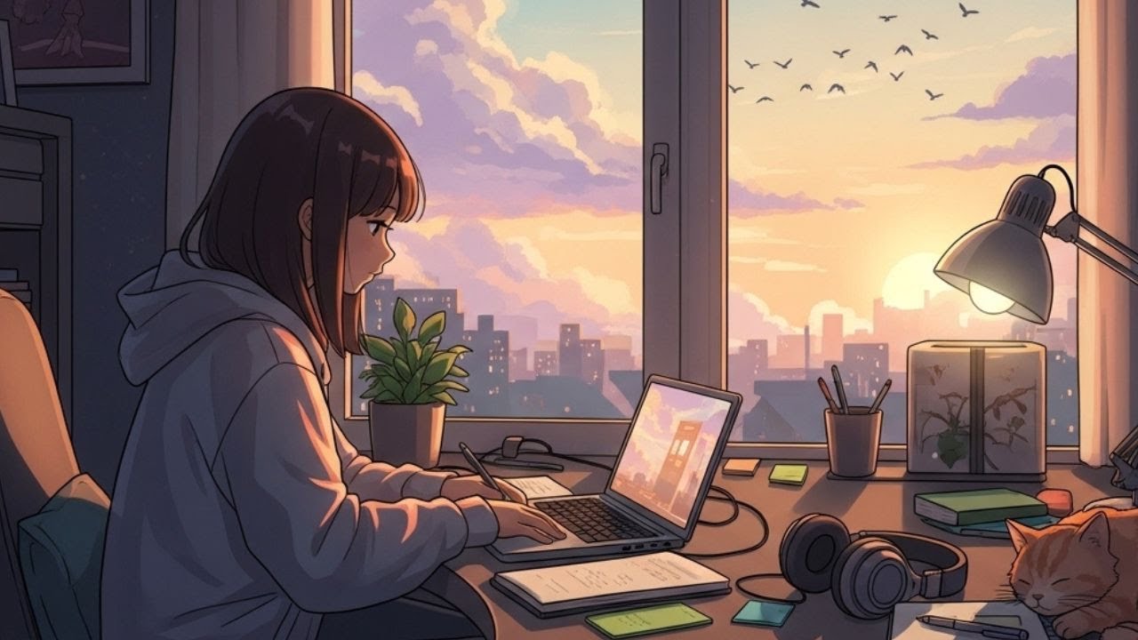 Sunset Lofi Girl with Sleeping Cat | Chill Beats for Study, Focus & Relaxation