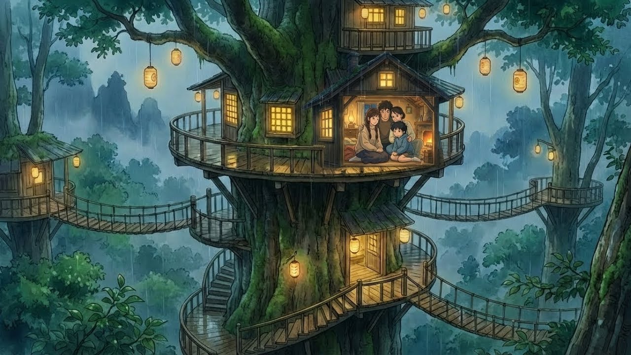 Family in a Treehouse Amidst a Storm 🏠🌲  Studio Ghibli Style