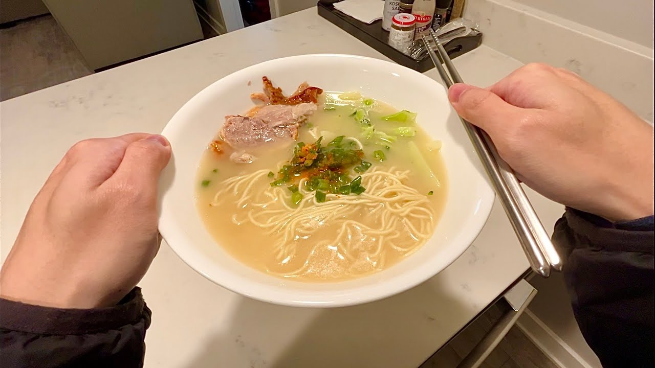 Frozen duck, broccoli stem, tonkotsu ramen