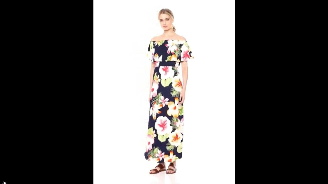 28 Palms Women's Tropical Hawaiian Print Off Shoulder Maxi Dress