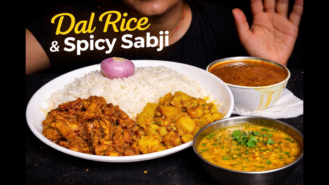 Eating Lots of Spicy Aalu Gobhi Sabji + Rice + Indian Tasty khana ASMR