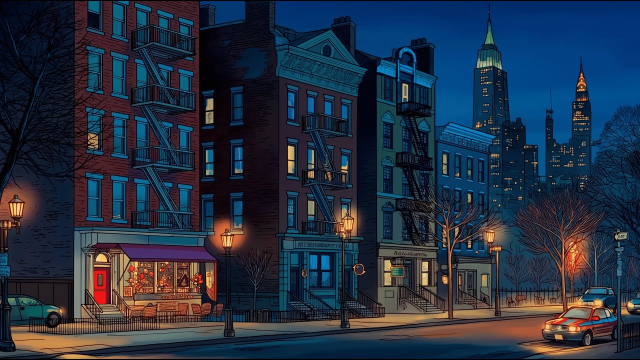 Rainy night in New York with soft Vintage 1940s jazz playing in another room (Study, Rest, Relax)