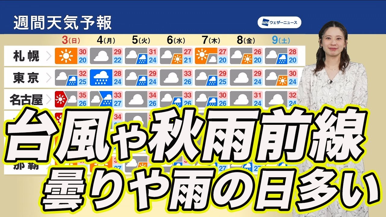 【週間天気】台風や秋雨前線で曇りや雨の日が多い