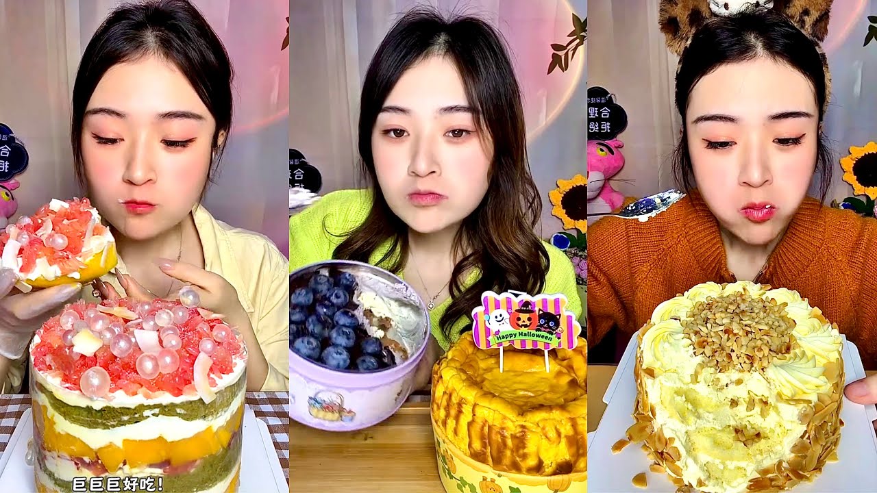 ASMR MUKBANG – Strawberry Cream Cake & Blueberry Dessert Bowl Eating Sounds 🍓🫐