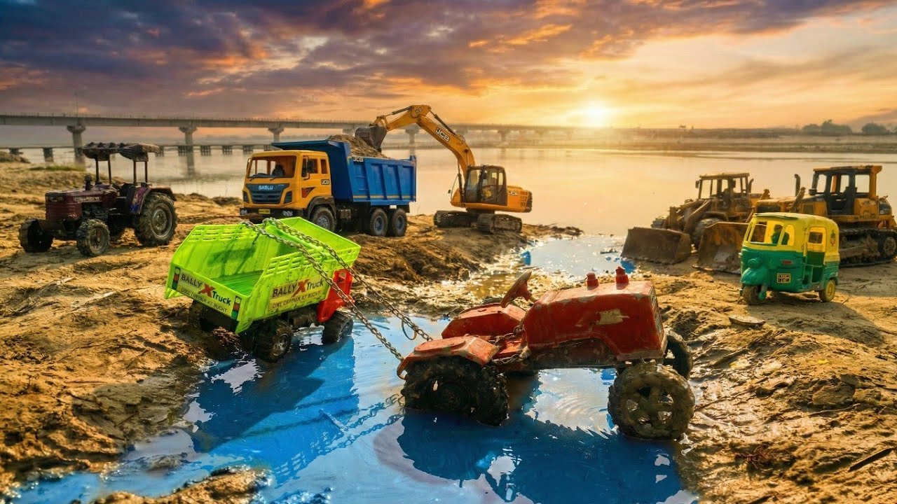 JCB Excavator Rescue Tractor Stuck in Blue Water & Mud | Toy Truck & Auto Rickshaw Crossing River