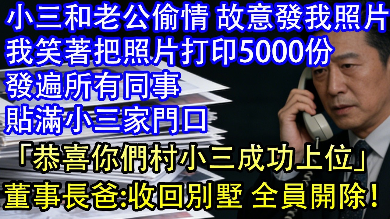 小三和老公偷情 故意發我照片我笑著把照片打印5000份發遍所有同事貼滿小三家門口「恭喜你們村小三成功上位」董事長爸:收回別墅 全員開除！