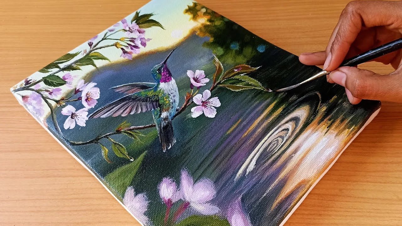 How to Draw a Cute Little Bird In Morning/Bird With Flowers/Painting a Beautifl Morning Scenery/