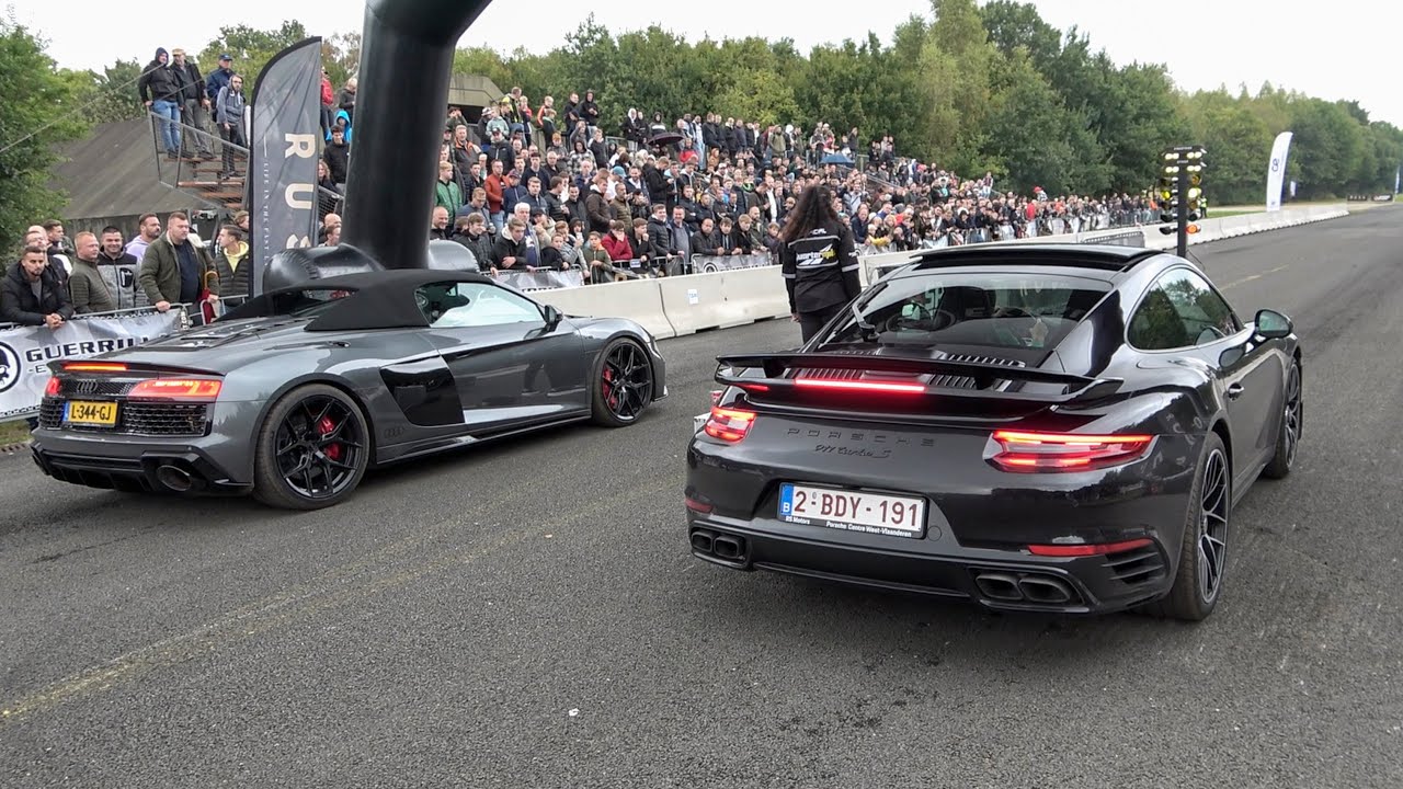 Audi R8 V10 Spyder Performance with ASG Exhaust VS  AMG GTR Renntech, M8 Mosselman, 991 Turbo S