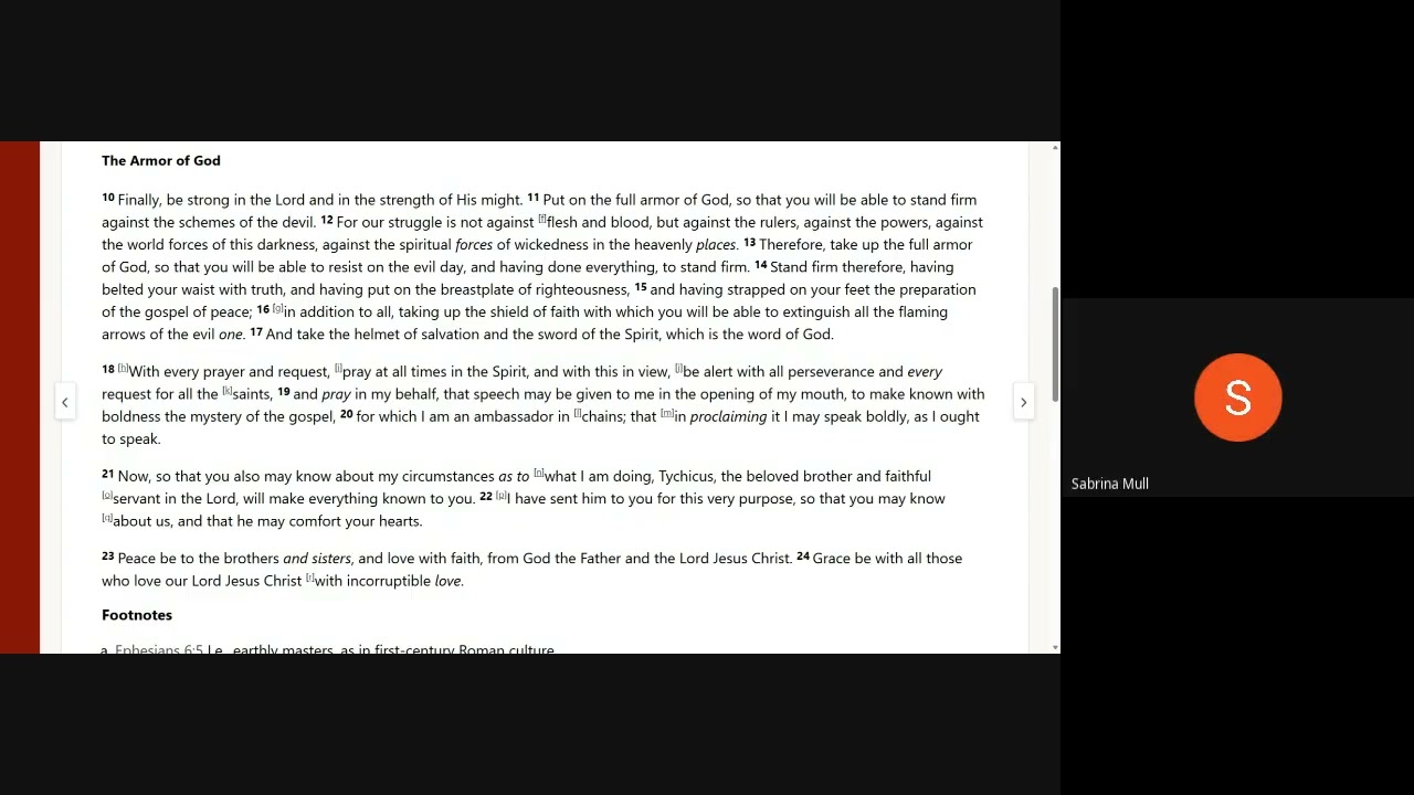 TG Ministries Wed Bible Study: Ephesians CH:6-10-15. Pastor Tamar Mull