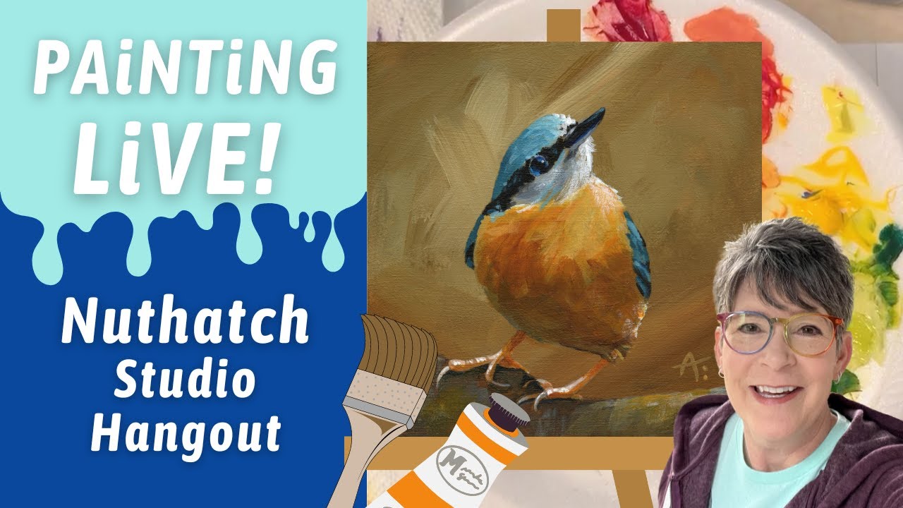 Painting a cute little Nuthatch bird with Acrylics, Simple feathers, studio hangout with Annie Troe