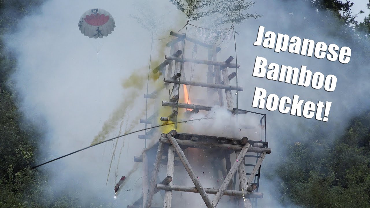 Giant Japanese High Power Bamboo Rocket Liftoff with Parachute and Smoke Effects - Only In Japan!