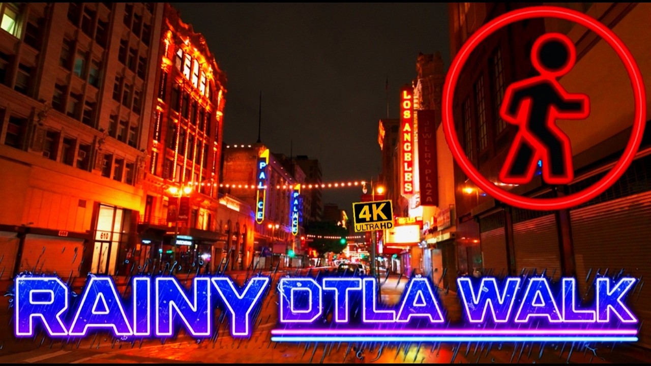 Night Rain in Los Angeles: Broadway Theater District Walk