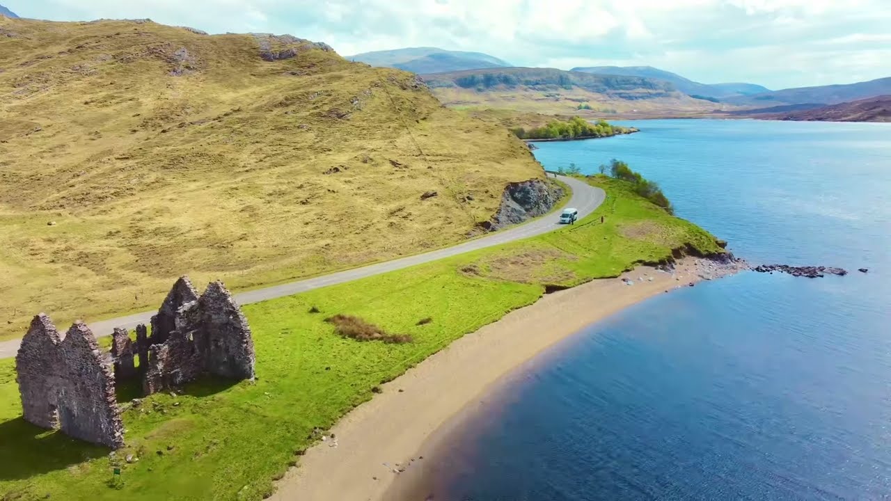 Loch Assynt & Ardvreck Castle | Aerial views | Beach | Ruins | NC500 coast | summer | 4K DJI Drone