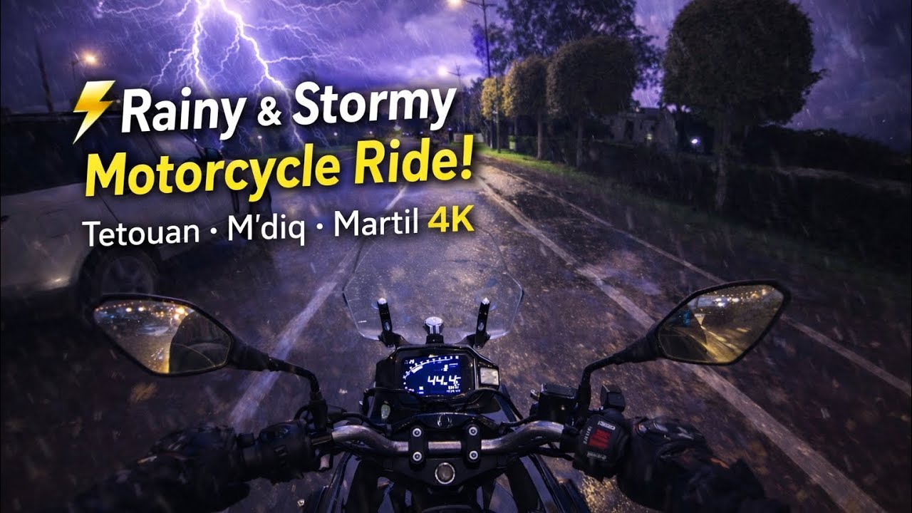 رحلة دراجة نارية وسط المطر والبرق بين تطوان والمضيق ومرتيل | Rain & Thunder Motorcycle Ride 4K