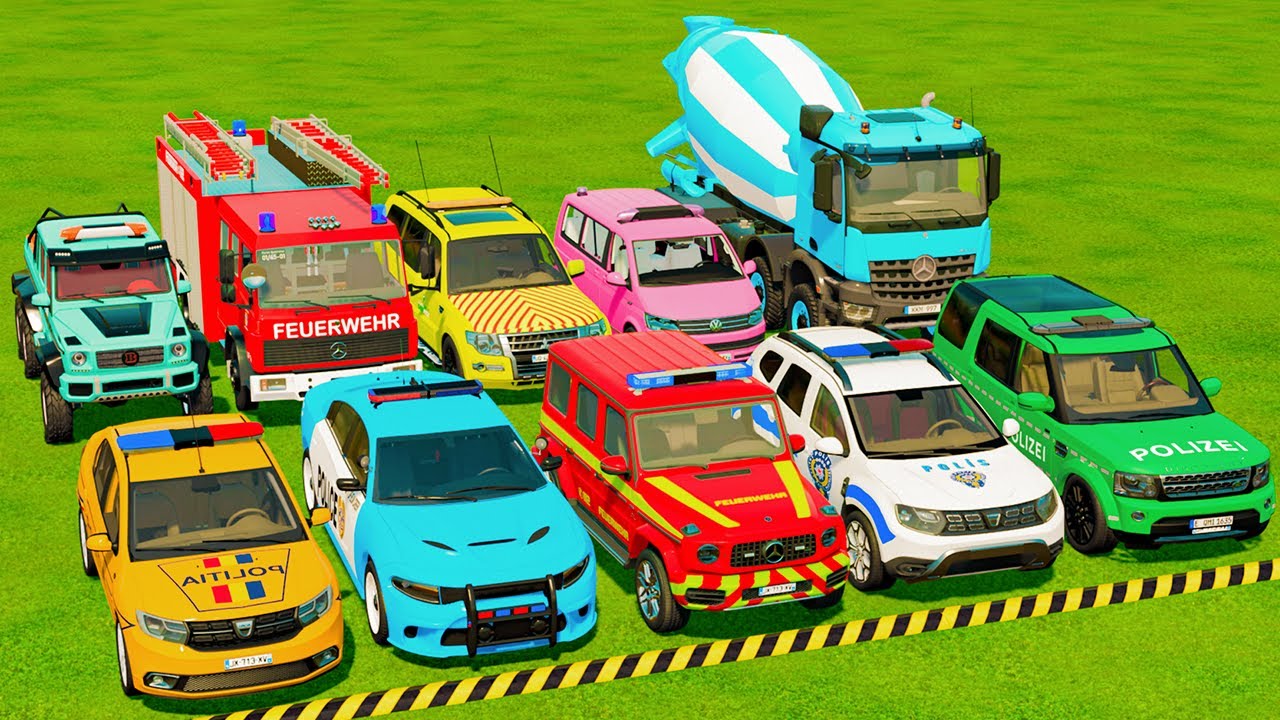 TRANSPORTING POLICE CARS, AMBULANCE, FIRE TRUCK, COLORFUL CARS WITH TRUCK -FARMING SIMULATOR 22!