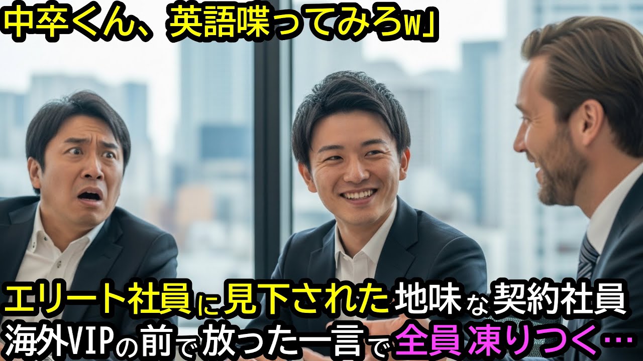 「中卒くん、英語で喋ってみろw」エリート社員に見下された地味な契約社員。海外VIPの前で放った一言に全員凍りつく…