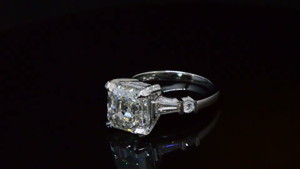 Asscher Cut W  Baguettes and Round Brilliant Cut Diamond Engagement Ring By King of Jewelry