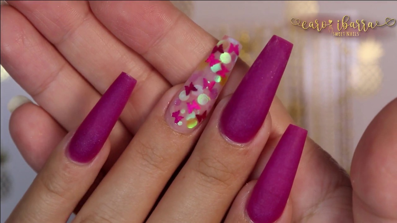 UÑAS COFFIN Color BUGAMBILIA con TRANSPARENCIA y Mariposas Iridiscentes 🦋