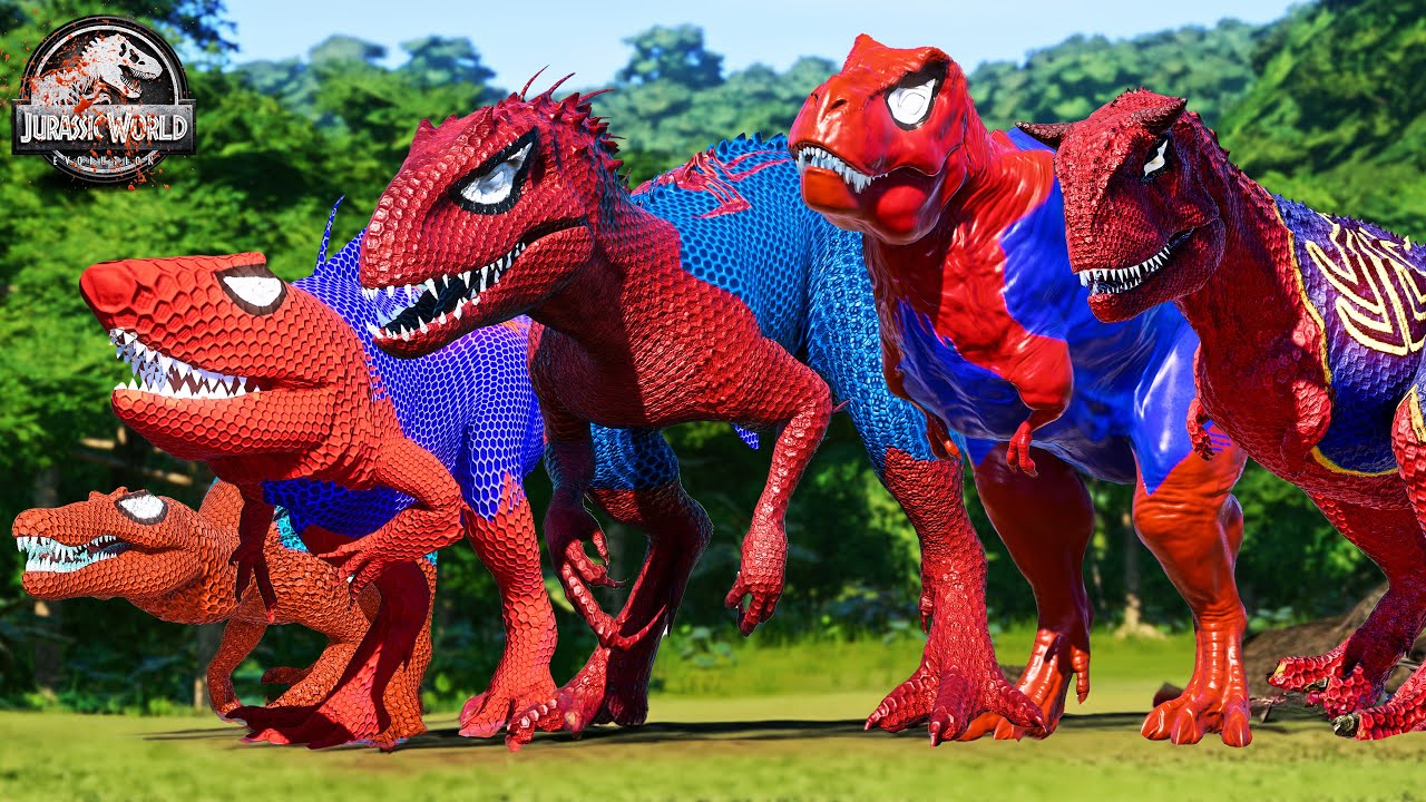 ALL RED SPIDER-MAN Battle in Jurassic World ISuperhero Dinosaur FightI