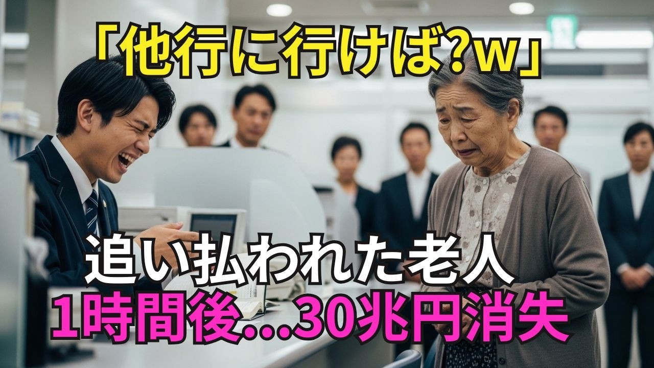 【スカッと】「他行に行けば?w」追い払われた老人。1時間後、30兆円が消える【シニア】