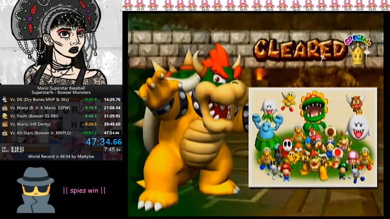 Mario Superstar Baseball Superstar% - Bowser Monsters in 47:34 (Former WR) on Feb. 9, 2021