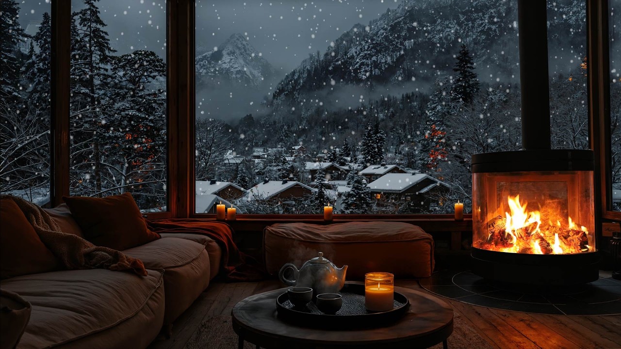 Snowfall & Slow Piano by the Fireplace ❄️ Candlelit Cabin for Deep Sleep & Calm