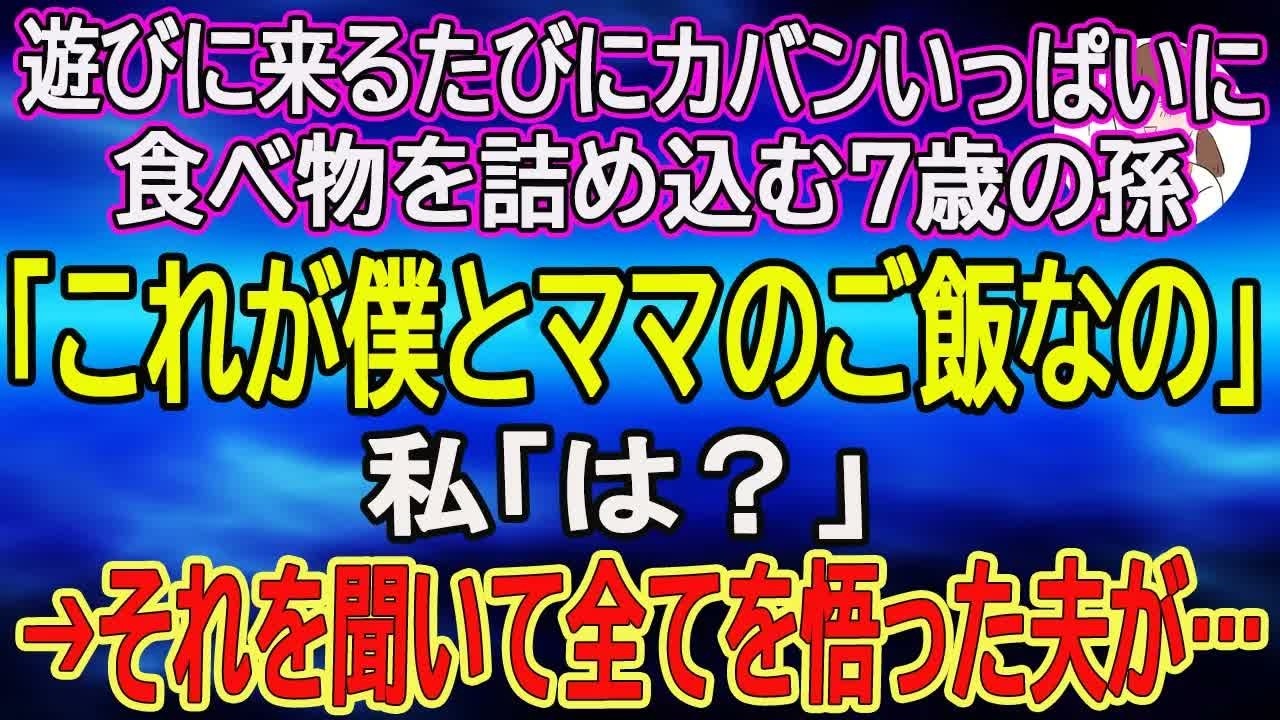 【スカッとする話】遊びに来るたびにカバンいっぱいに食べ物を詰め込む7歳の孫「これが僕とママのご飯なの」私「え？」→それを聞いて全てを悟った夫が…