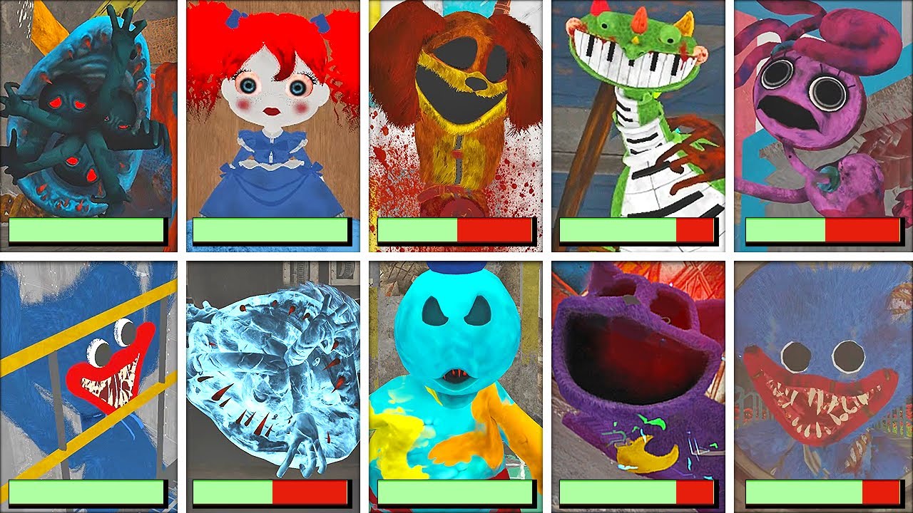 Poppy Playtime, главы 1-4 — все смерти и концовки в ярком режиме с полосками здоровья.