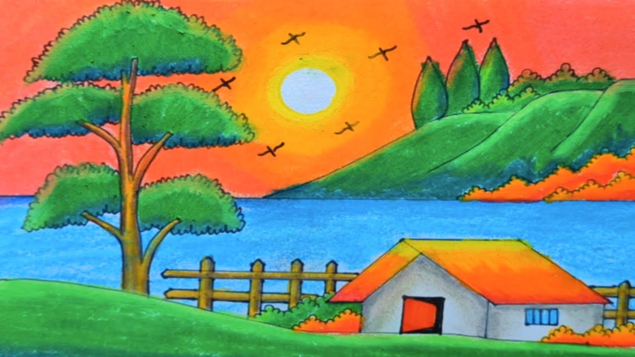 How to Draw Village Landscape Easy | Scenery Drawing for Kids 