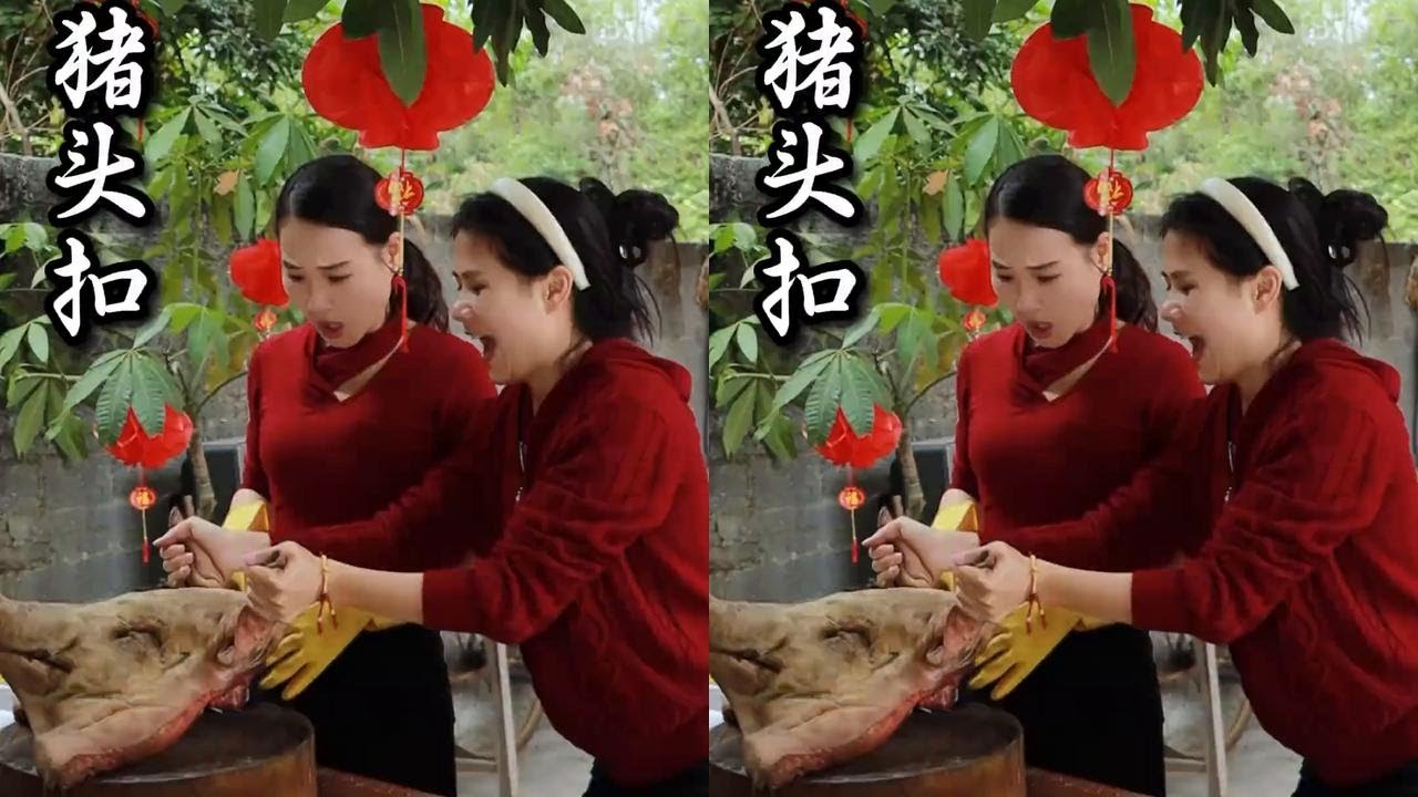 美美半路掉了一个大猪头，捡回来搞了个猪头扣，我们广西的特色菜哦！太香了！#记录我的农村生活 #猪头肉 #农村美食