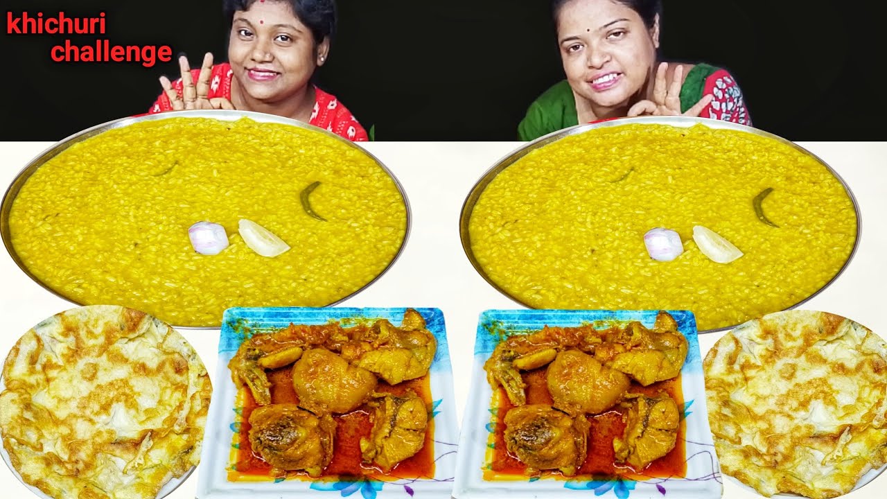 SPICY KHICHURI CHICKEN CURRY EGG OMELETTE EATING CHALLENGE // INDIAN FOOD SHOW // food family & more