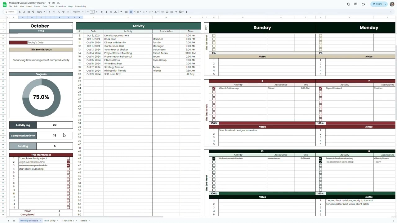 Midnight Grove: Monthly Planner | Monthly Schedule, Brain Dump | Google Sheets Templates
