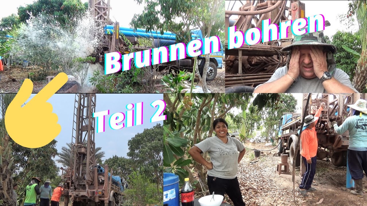 Thailand. Brunnen bohren. Es geht los. Wer sagte hier gibt es kein Wasser?? Bohren mit Druckluft.