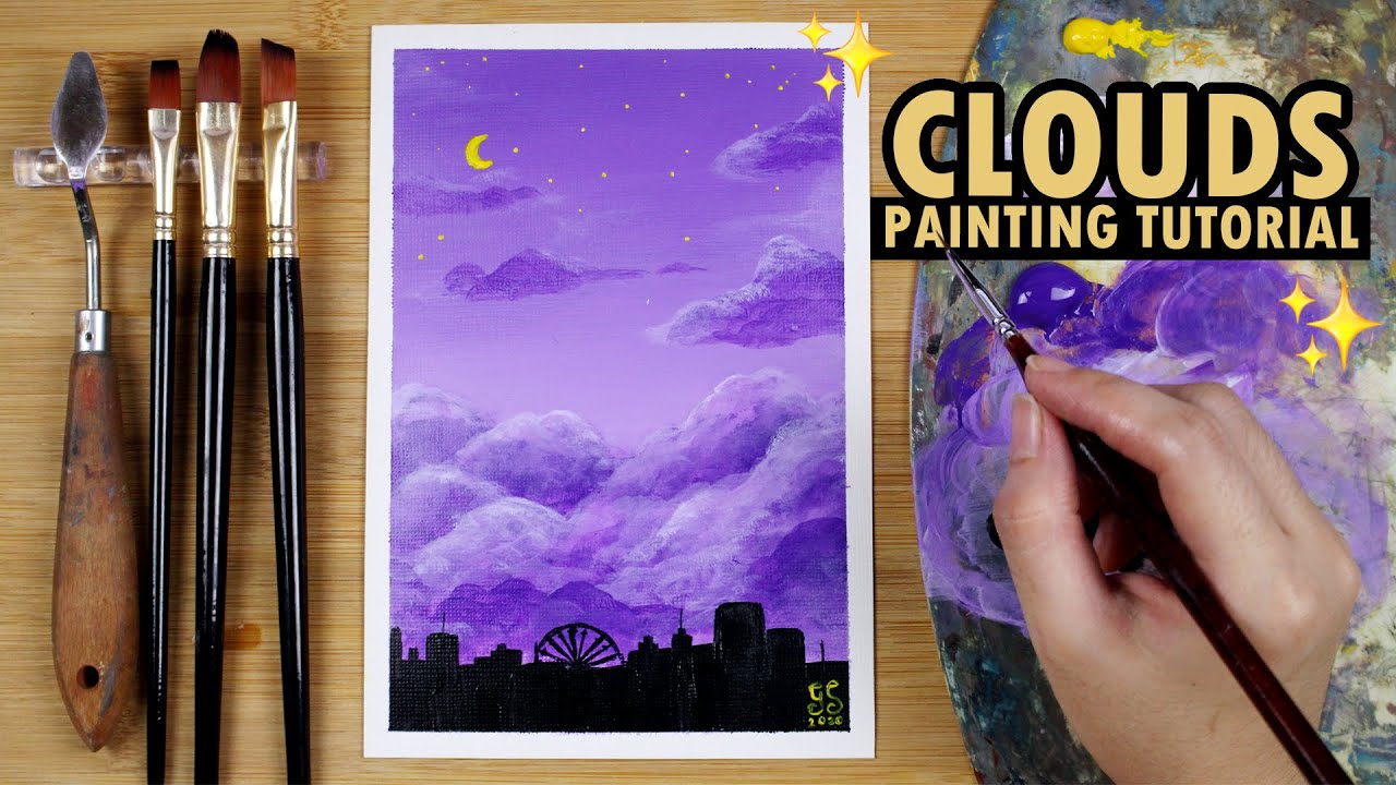 Easy Acrylic Painting Tutorial for Beginners | Violet Clouds with Building s | Tagalog Philippines