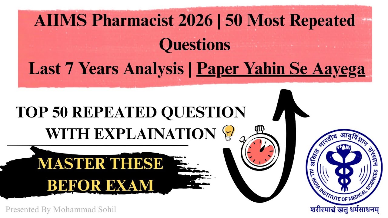 AIIMS Pharmacist 2026 🔥 50 Most Repeated Questions | Last 7 Years Analysis | 75 + Target Strategy
