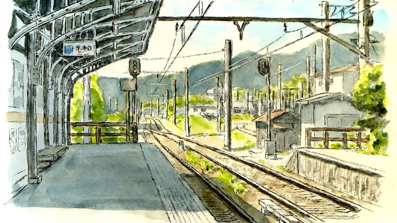 駅の風景とペンの相性はバツグン 【透明水彩風景画】  Station　【Watercolor】