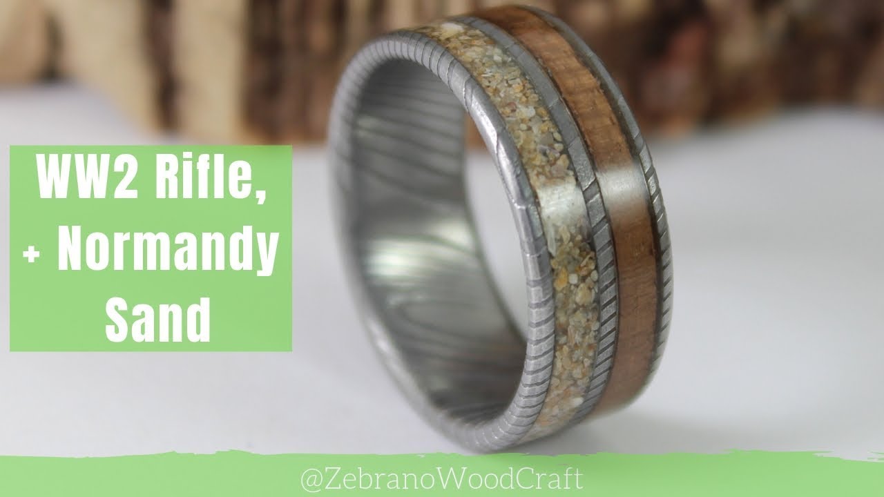 WW2 Rifle, Normandy Beach Sand and Damascus Steel Ring
