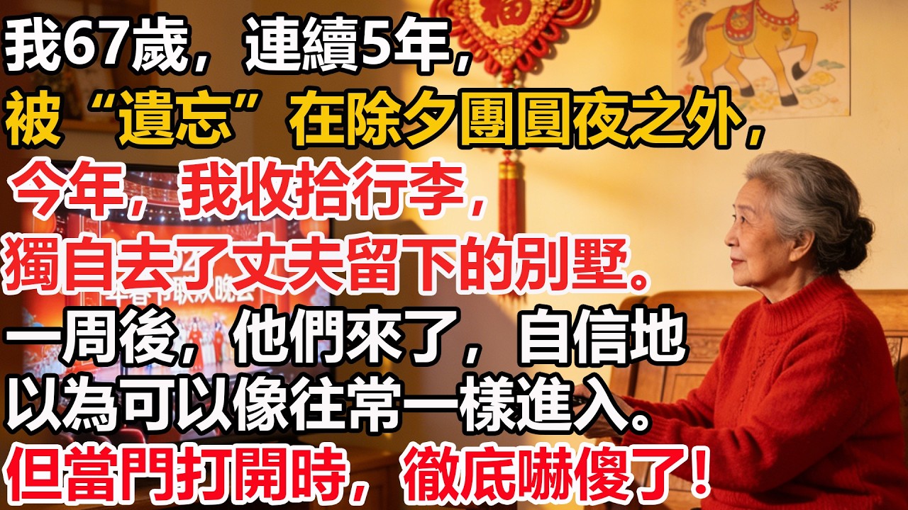我67歲，連續5年，被“遺忘”在除夕團圓夜之外，今年，我收拾行李，獨自去了丈夫留下的別墅。一周後，他們來了，自信地以為可以像往常一樣進入。但當門打開時，徹底嚇傻了！